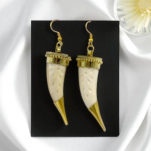 86mm Ethically Sourced Carved Bone Horn Earrings | Handmade Buffalo Bone & Brass Dangle Earrings | Tribal Boho Jewelry | Gift For Her