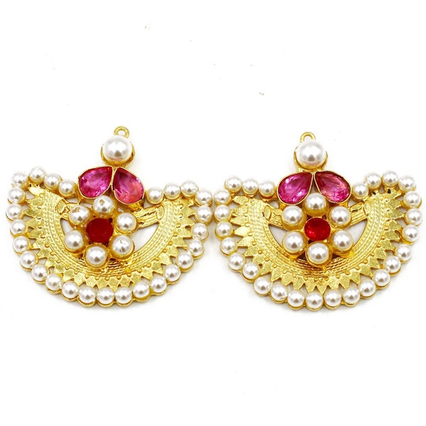 Rubellite Quartz, Red Quartz & Shell Pearl Earrings Pendant, 22kt Gold Plated Floral Single Loop Gemstone Pendant, DIY Jewelry Making Supply