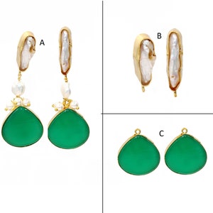 Green Onyx, Biwa & Keshi Pearls Designer Earrings, Handcrafted Pearl Stud Earring Post, Gold plated Green Onyx Heart Shape Earring Pendants