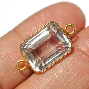1 Pair Bezel Set Rock Crystal Quartz Faceted Rectangle Connector | 9x18mm 22kt Gold Plated Stone Double Loop Pendant | DIY Jewelry Supplies.
