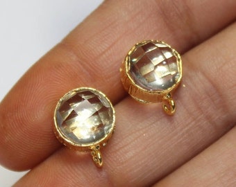 1 Pair Gold Plated Faceted Natural Crystal Quartz Round Stud Ear-post / DIY Jewelry Making Supply / Gemstone Stud Ear-post / Findings GEP18