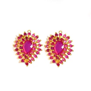 1 Pair Pink Stone Prong Set Charm Pendant & Double Loop Connector | 22Kt Gold Plated Handmade Designer Jewelry | DIY Jewelry Making Supplies