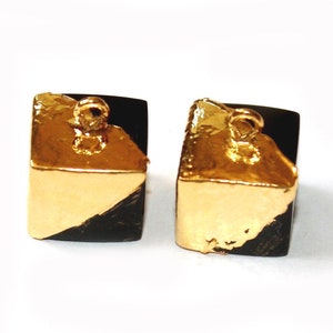 24kt Gold Electroplated Natural Black Onyx Cube Pendant , 11mm Handmade Gemstone Earring Connector, DIY Jewelry Supply, Necklace Findings