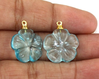 1 Pair 24x20mm Aqua Quartz Hand Carved Flower Gemstone Pendant / Gold Plated Earrings / Single Loop Pendant /DIY Jewelry Making Supply BL121
