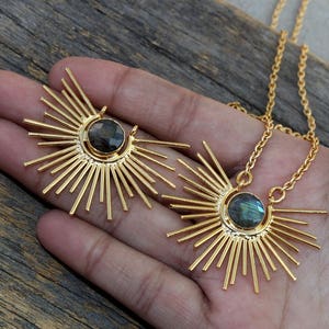 Natural Labradorite Rising Sun Gold Pendant Necklace / Gemstone Necklace / Bohemian Necklace / Stone Of Transformation / Stones You Select