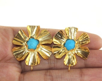 31x26mm 22kt Gold Plated Turquoise Flower Connector Post Stud with Backings, Gemstone Earpost, DIY Jewelry Making Supply, Findings