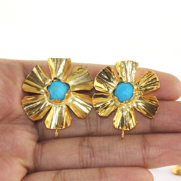 31x26mm 22kt Gold Plated Turquoise Flower Connector Post Stud with Backings, Gemstone Earpost, DIY Jewelry Making Supply, Findings