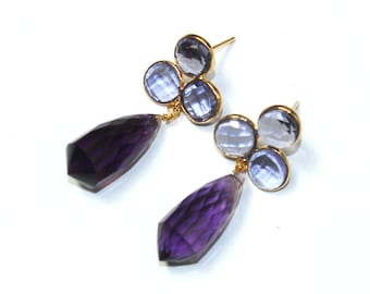 1.81 « Faceted Purple Amethyst & Iolite Quartz Bezel Set Boucles d’oreilles / Boucle d’oreille quatre pierres / Idée cadeau / Boucle d’oreille de mariage / Boucles d’oreilles en pierre précieuse FE11