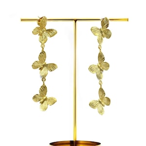 Three Tier Butterfly Earrings, 22kt Gold Plated Butterfly Dangle Earrings, Party Wear Earrings, Bridesmaid and Wedding Earrings, Gift Idea
