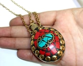Tibetan Perfume Bottle with Coral, Turquoise Brass Inlays Wire Work Tibetan Mosaic Snuff Bottle Necklace Nepali Pendant Jewelry Making