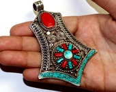 Tibetan Turquoise, Coral, Lapis Brass Inlay Nepal Jewelry Wire Work Pendant Ethnic Tribal Statement Jewelry Gypsy Large Boho Pendant