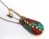 Tibetan Perfume Bottle with Coral, Turquoise Brass Inlays Wire Work Tibetan Mosaic Snuff Bottle Necklace Nepali Pendant Jewelry Making