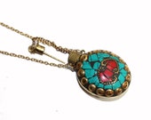 Tibetan Perfume Bottle with Coral, Turquoise Brass Inlays Wire Work Tibetan Mosaic Snuff Bottle Necklace Nepali Jewelry Jewelry Making
