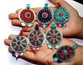 Nepal Tibetan Round Pendant with Turquoise, Lapis Coral Inlays Handmade Tibetan Jewelry Large Bohemian Pendant Ethnic Nepali Pendant