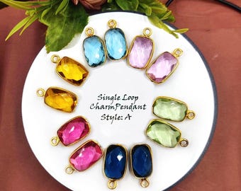 Bezel Set Birthstone Multi Color Quartz Faceted Rectangle Charm Pendant, 12mm Single, Double Loop Connector, DIY Jewelry Component, Findings