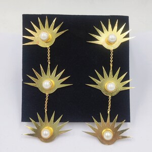 Shell Pearl Sunburst Earrings | 93mm Three Tier Long Sun Earrings | Handmade Designer Rising Sun Earrings | Chain Earrings  | Gift Idea