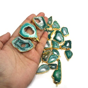 5Pcs 24Kt Gold Electroplated Edge Green Druzy Agate Geode Slice Connector Double Loop Pendant, Station Connector, Charm Wedding Bridal