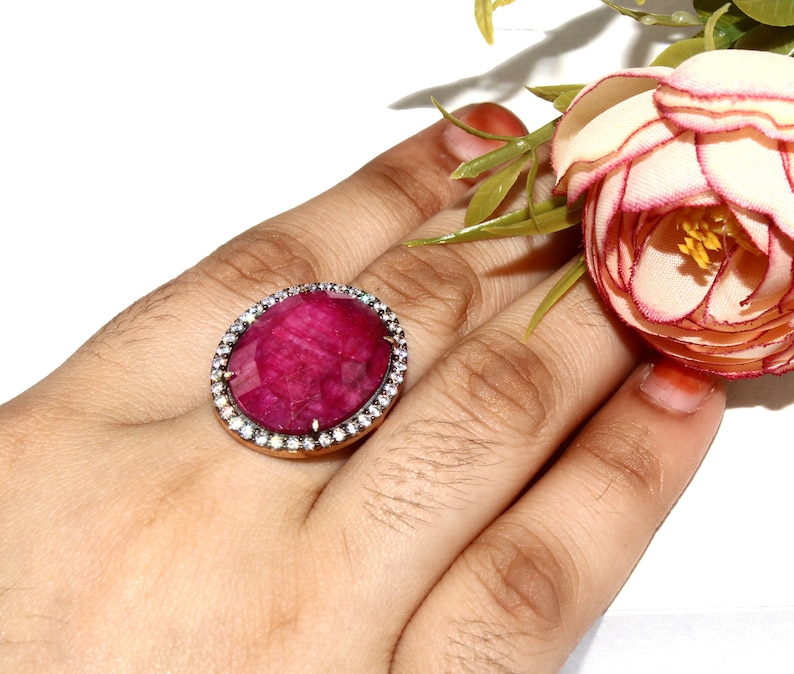 925 Sterling Silver Natural Ruby Ring Size US 7.5 Rose Gold /& Black Rhodium Vermeil Ring Zircon Pave Wedding Jewelry Gift Idea