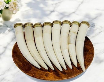 Wisiorek z zębami z kości bawolej pochodzący z etycznych źródeł, 4,5&quot;-5&quot; Tribal Boho, duży róg, wisiorek ze srebra i złota, DIY, biżuteria, produkcja, dostawa