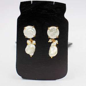 Freshwater Pearl Coin Earrings | 32mm 22kt Gold Plated Prong Set Earrings | Handmade Baroque Pearl Earrings | Bridal Jewelry | Gift For Her
