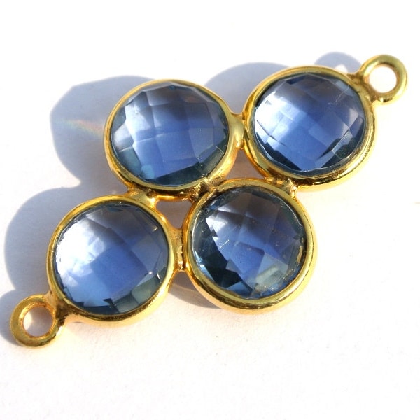 1Pc Iolite Blue Quartz 4Pcs Faceted Coin Bezel Connector / 36x20mm 22k Gold Plated Double Loop Pendant / DIY Jewelry Making Supply /Findings