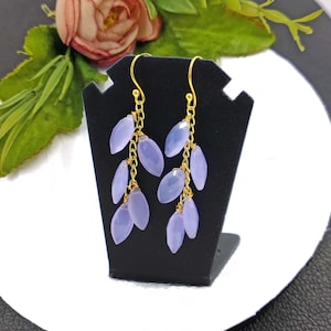 63mm Lavender Chalcedony Marquise Cascade Earrings 22K Gold Plated Wire Wrapped Faceted Marquise Earrings Party Wear Chain Earring Gift Idea