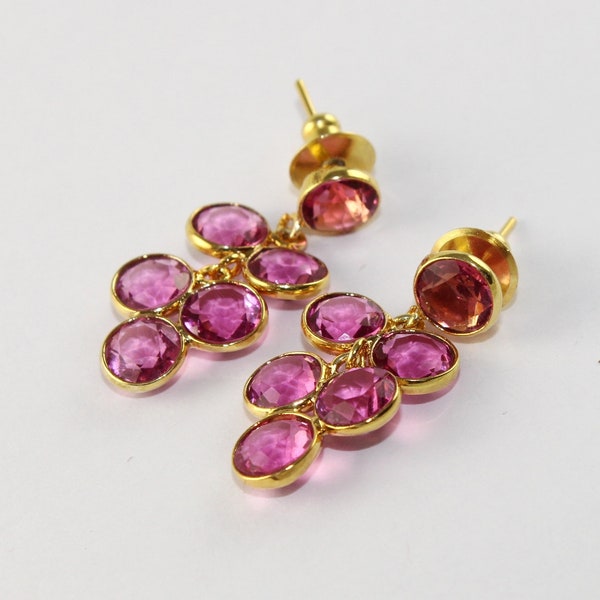 1.33" Bezel Set Multi Color Birthstone & Pink Tourmaline Quartz Round Cut Stone Earring, 18k Gold Plated Six Stone Earrings, Gift Idea, BZ20