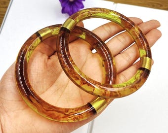 Set of 2 Honey Amber Resin Bangle | Handmade Boho Chunky Statement Bracelet Glossy Smooth Finish Retro Resin Jewelry | Wide Bangle Gift Idea