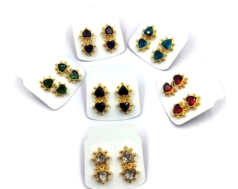 27mm Faceted Multi Color Quartz Double Heart Connector Post Stud, 22k Gold Plated Two Stone Earrings, Everyday Birthstone Jewelry, Gift Idea