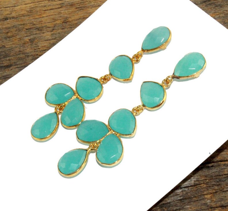 2.59 Bezel Set Aqua Chalcedony Long Pear Earrings Six Stone Gold Earrings Gift Idea Bridal-Wedding Jewelry Gemstone Earrings LE53