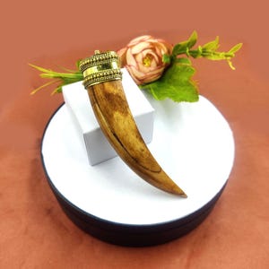 May include: A wooden pendant shaped like a tusk with a gold-colored metal band around the top. The pendant is displayed on a white box and a black circular box.