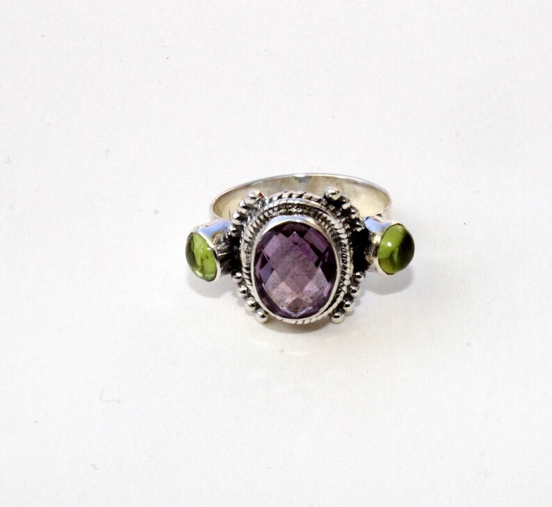 Sterling Silver Natural Amethyst /& Peridot Ring Semi Precious Gemstone Ring Febraury Birthstone Size US 7.5 Gift For Her GSR40