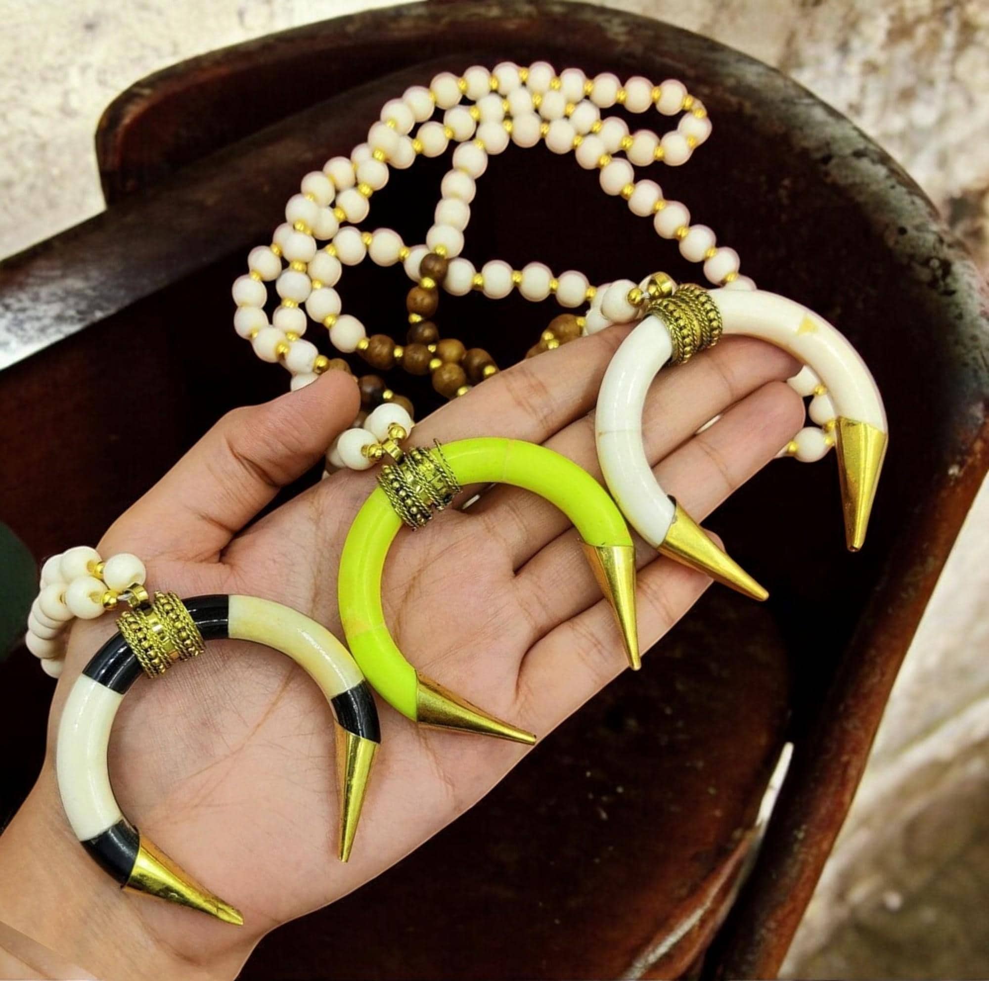 Handmade Beaded Tie Holders Tribal Style Horn Bone Ethically Sourced Buffalo Bone Crescent Horn Necklace  main image 4