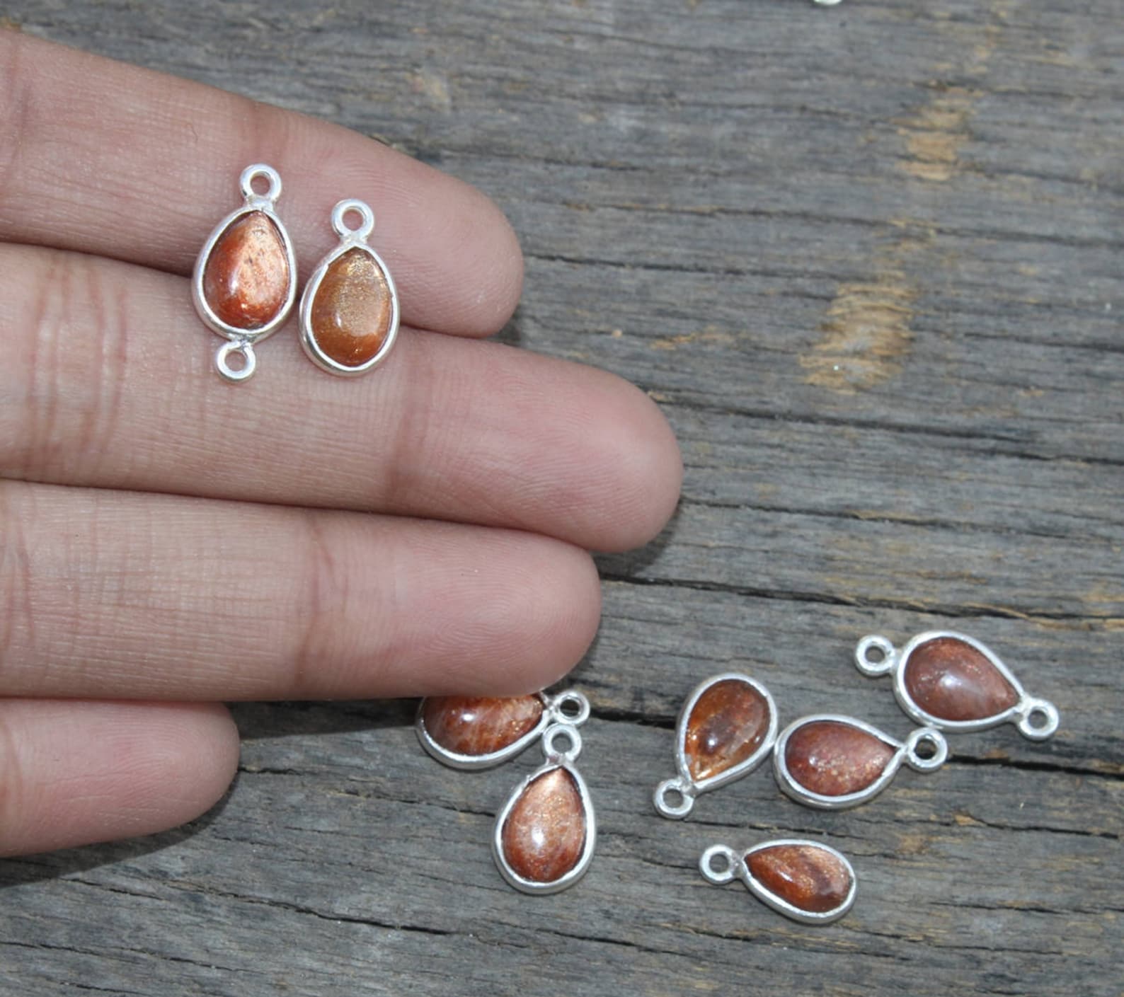 6 Pcs 8x6mm 925 Silver Bezel Set Natural Sunstone Pear Cabochon Pendant
