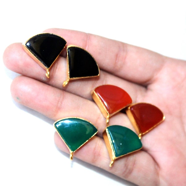 1 Pair 14mm Red, Black & Green Onyx Fan Ear Stud, Gemstone Connector Post Stud, Select Color And Finish Gold - Rose Gold - Silver, Findings