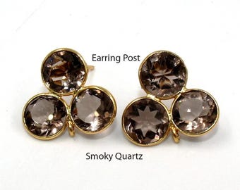 Multi Color Quartz & Chalcedony Faceted Earrings Post Real Gold Plated Bezel Set 3 Stone Stud Earrings DIY Jewelry Making Supplies Gift Idea