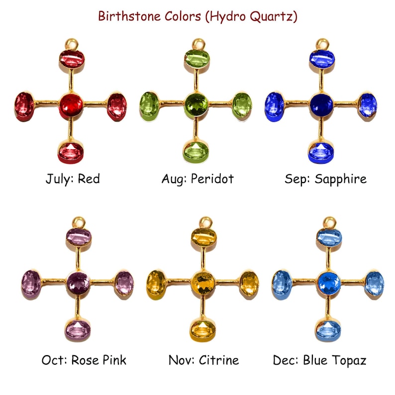 Puede incluir: Una colecci&oacute;n de colgantes dorados, cada uno con un dise&ntilde;o en forma de cruz con piedras preciosas de colores. La imagen incluye texto que identifica los colores de las piedras de nacimiento: Rojo, Peridoto, Zafiro, Rosa Rosa, Citrino y Topacio Azul.