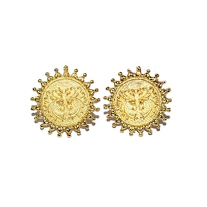 22kt Gold Plated Round Earring Post with Loop 36mm Earrings Connector Engraved Flower Ear post Findings Ear Post DIY Jewelry Making Supplies