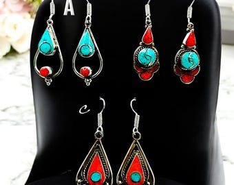 Tibetan Statement Earrings - Handmade Tribal Fusion Jewelry Boho Nepali Ethnic Earrings Turquoise & Coral Inlay Himalayan Jewelry Gift Idea