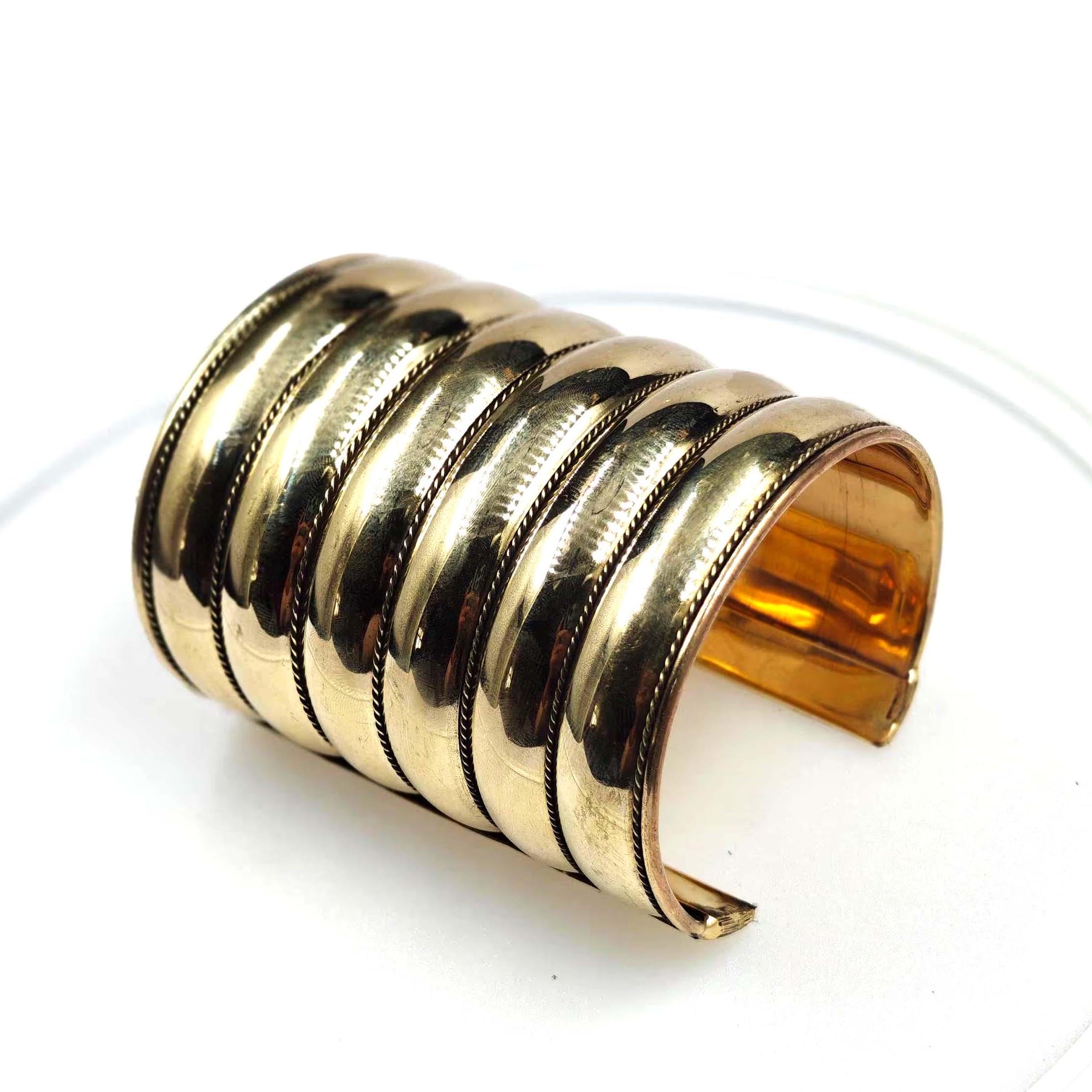 4" Wide Brass Cuff Ribbed Stacked-Layer Look Vintage-Inspired Statement Bangle Bold Gold-Tone Ethnic Adjustable Boho Kada,  Handmade Jewelry