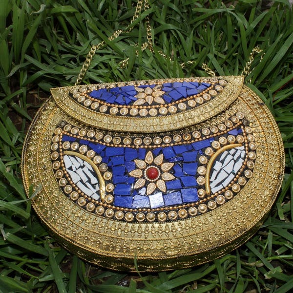 5.5 x 7.5" Tibetan Brass Lapis & White Chips Inlaid Bag / Tibetan Gemstone Mosaic Purse / Golden Clutch / Nepali Handmade Bohemian Boho Bags