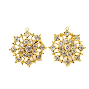 1 Pair Cubic Zircon Flower Charm Pendants | 18kt Gold Plated Prong Set Connector | Necklace n Earring Findings | DIY Jewelry Making Supplies