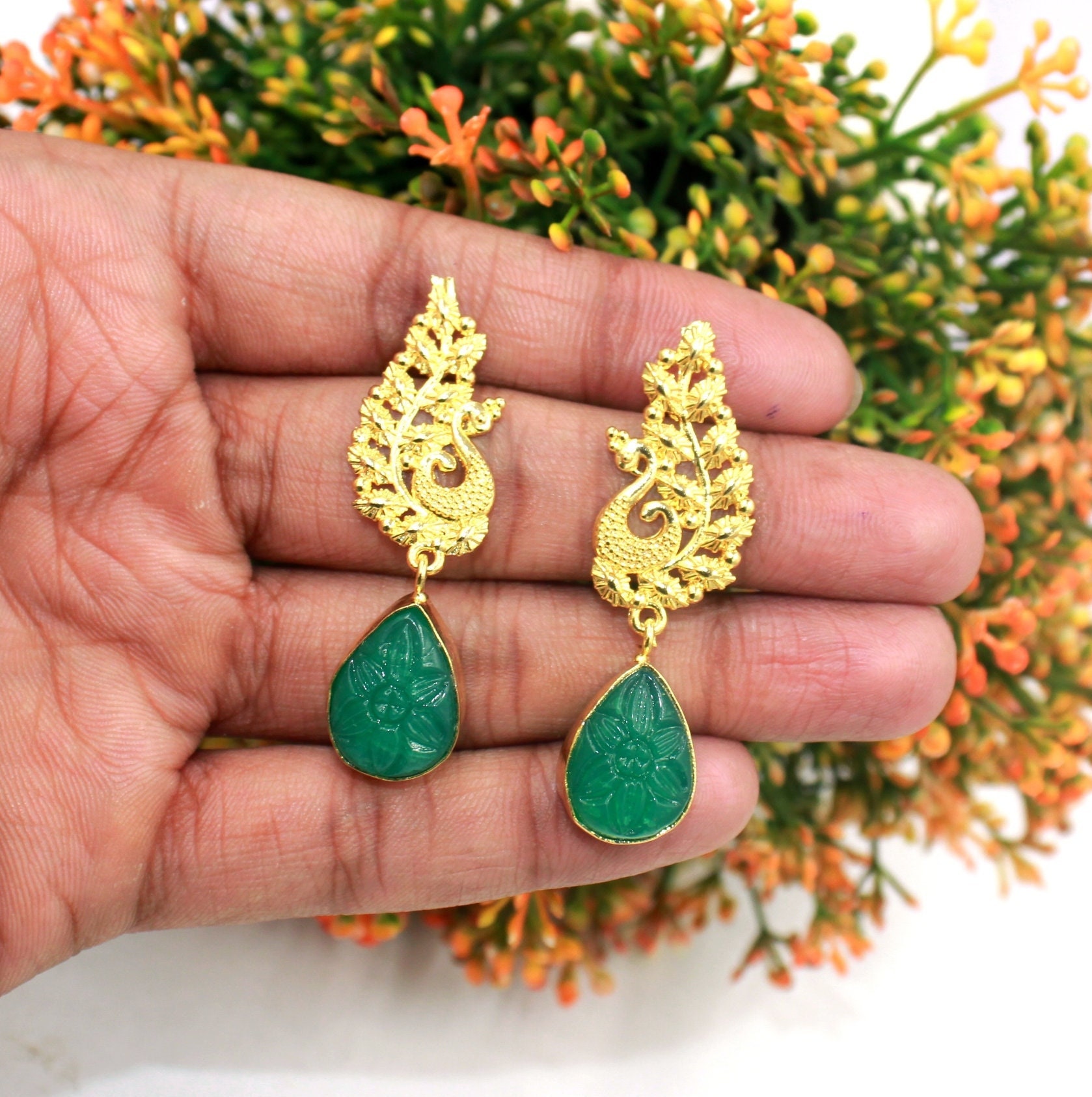 Leafy Moon Green Stone Earrings: Gift/Send Rakhi Gifts Online J11143441  |IGP.com