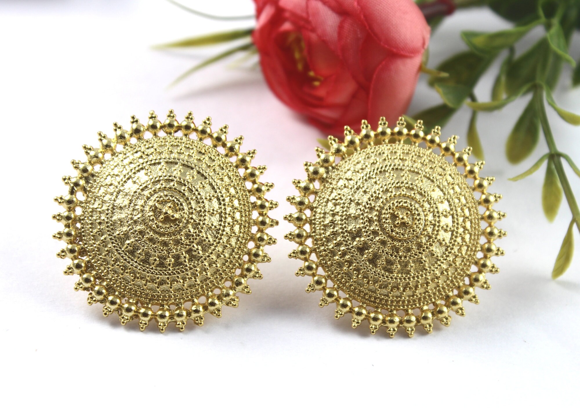 22kt Gold Plated Round Post Earring with Loop / 34mm / Etsy