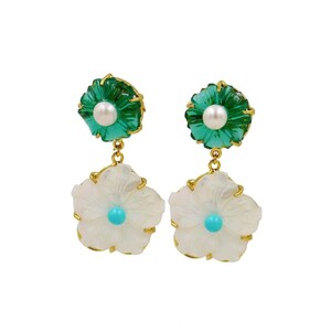 Carved Mother of Pearl & Chrome Green Flower Earrings, 22kt Gold Plated MOP Shell Bridal Earrings, Pearls and Turquoise Bridesmaid Earrings