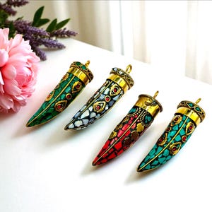 Tibetan Turquoise Coral Malachite & MOP Brass Mosaic Horn Pendant 75mm Boho Ethnic Tribal Horn Pendant Gold Cap Pendant DIY Jewelry Supplies