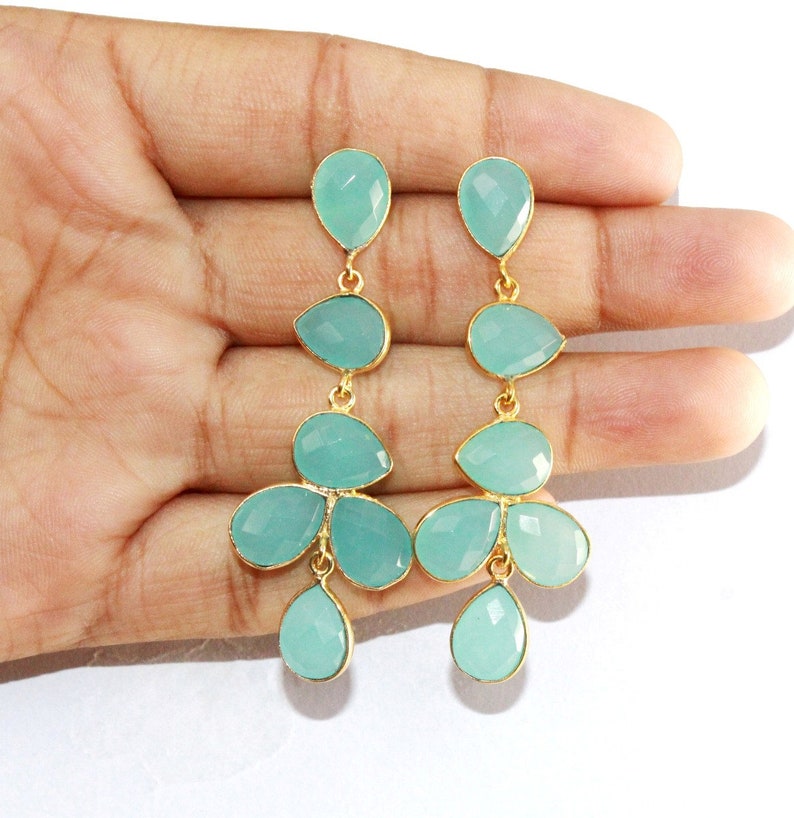 2.59 Bezel Set Aqua Chalcedony Long Pear Earrings Six Stone Gold Earrings Gift Idea Bridal-Wedding Jewelry Gemstone Earrings LE53