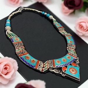 Handmade Tibetan Necklace with Turquoise Coral Lapis Inlay | Colorful Tribal Jewelry | Boho Ethnic Statement Necklace | Festival Jewelry