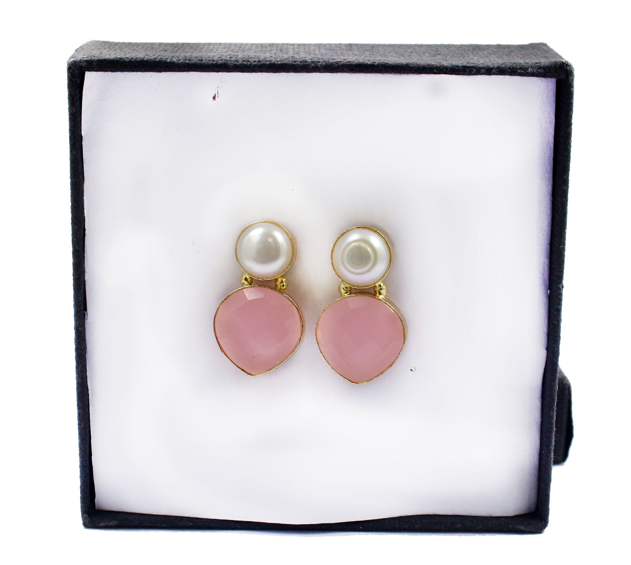 Boucles D'oreilles Clous En Perles De Culture Et Calcédoine - Plaqué Or 14k, Neuf Avec étiquettes Rose-Mimosa