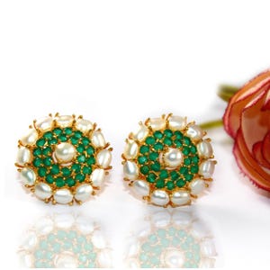 Pearl & Green Stone Earrings Post 22k Gold Plated Prong Set Flower Stud Earrings Handmade DIY Jewelry Making Supplies Wedding Gift Gift Idea